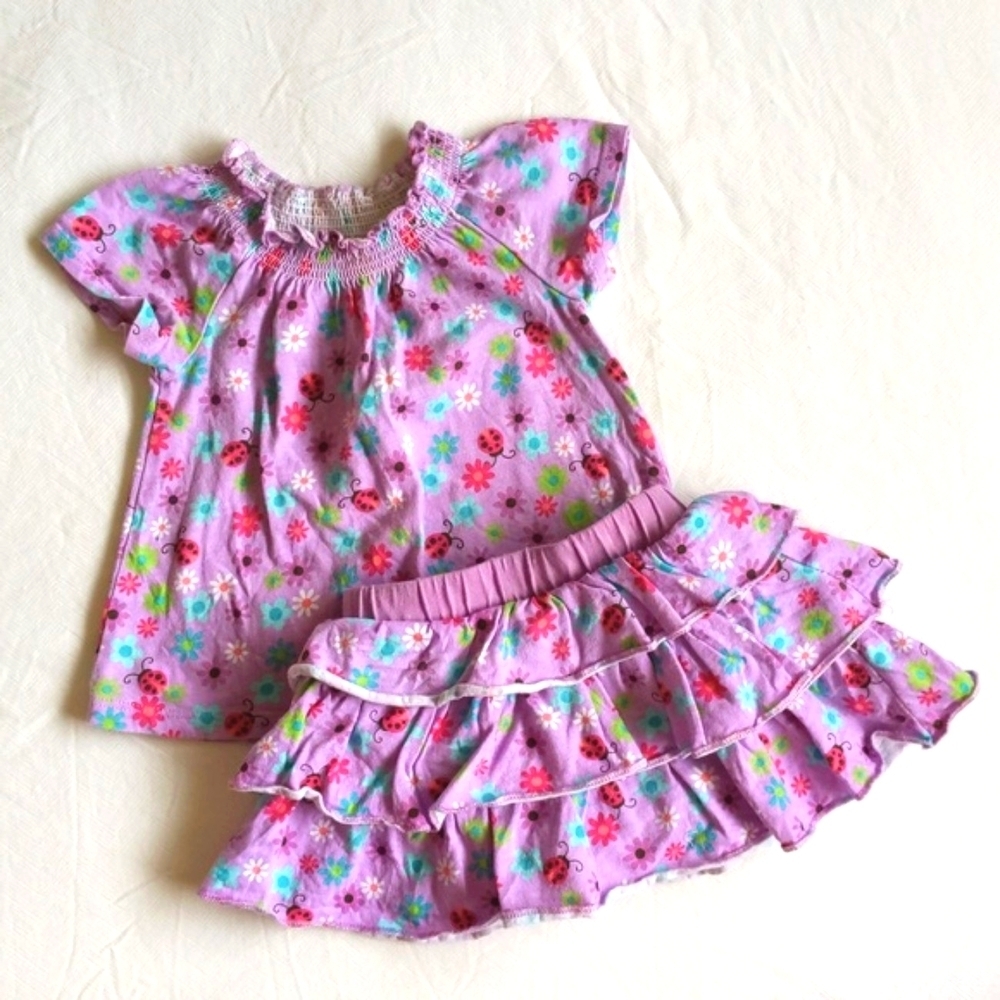 VTG OshKosh Bgosh Floral Ruffle Skirt Smocked Blouse Matching Set Purple 3M